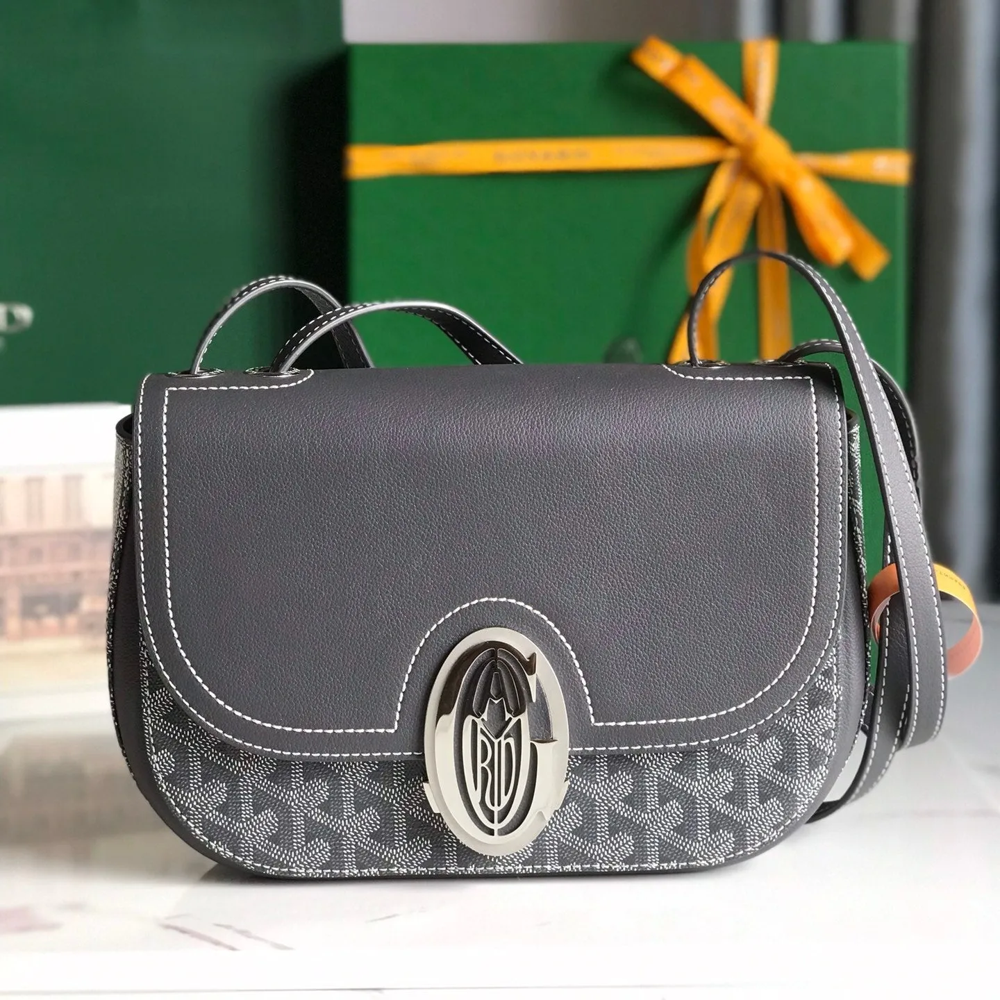 233 Bag 25 In Gray Calfskin And Goyardine Canvas