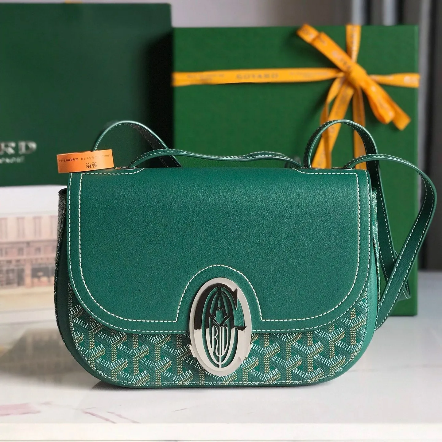 233 Bag 25 In Green Calfskin And Goyardine Canvas