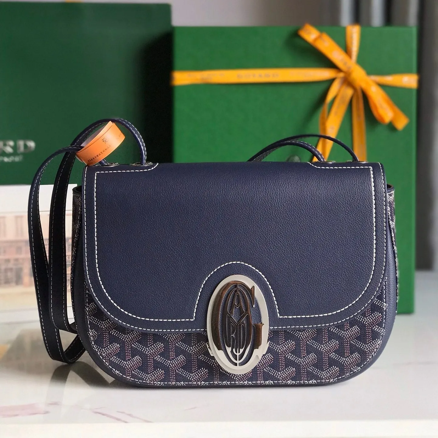 233 Bag 25 In Navy Blue Calfskin And Goyardine Canvas